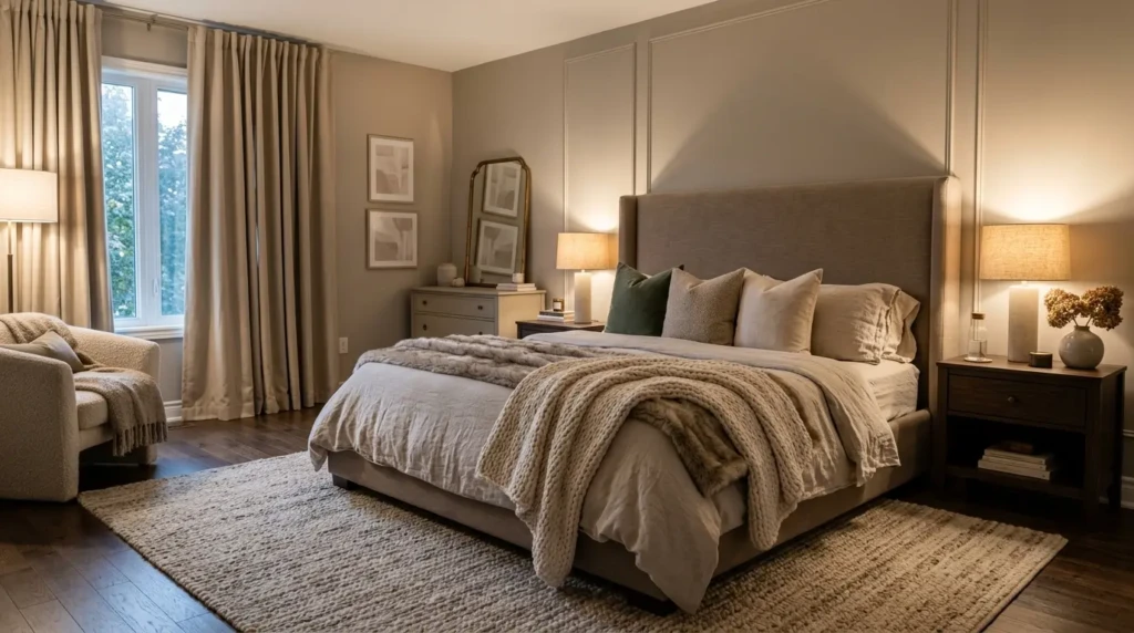 luxury modern parents bedroom with layered linen bedding, soft rug, blackout curtains, and warm lighting