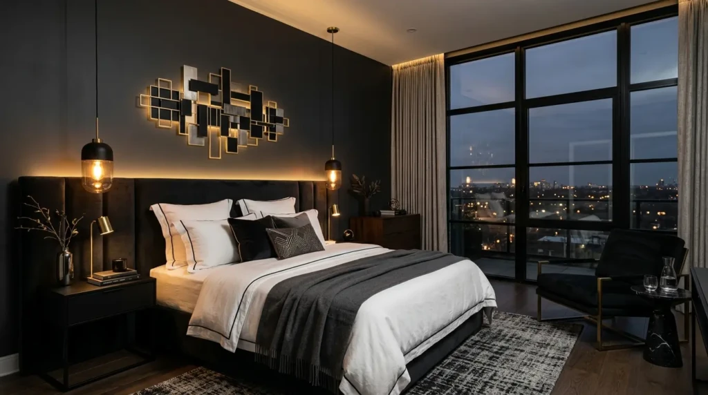 Bold modern bedroom with charcoal walls, white bedding, black accents, and elegant mood lighting.