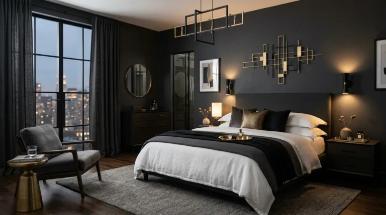 Bold modern bedroom with charcoal walls, white bedding, black accents, and elegant mood lighting.