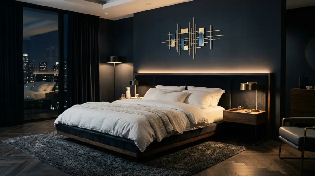 Moody navy and charcoal modern bedroom with LED lighting and white bedding.