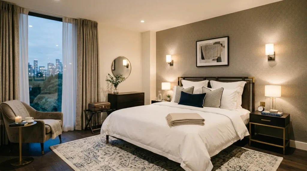 luxury guest bedroom with crisp bedding, clean layout and elegant modern decor