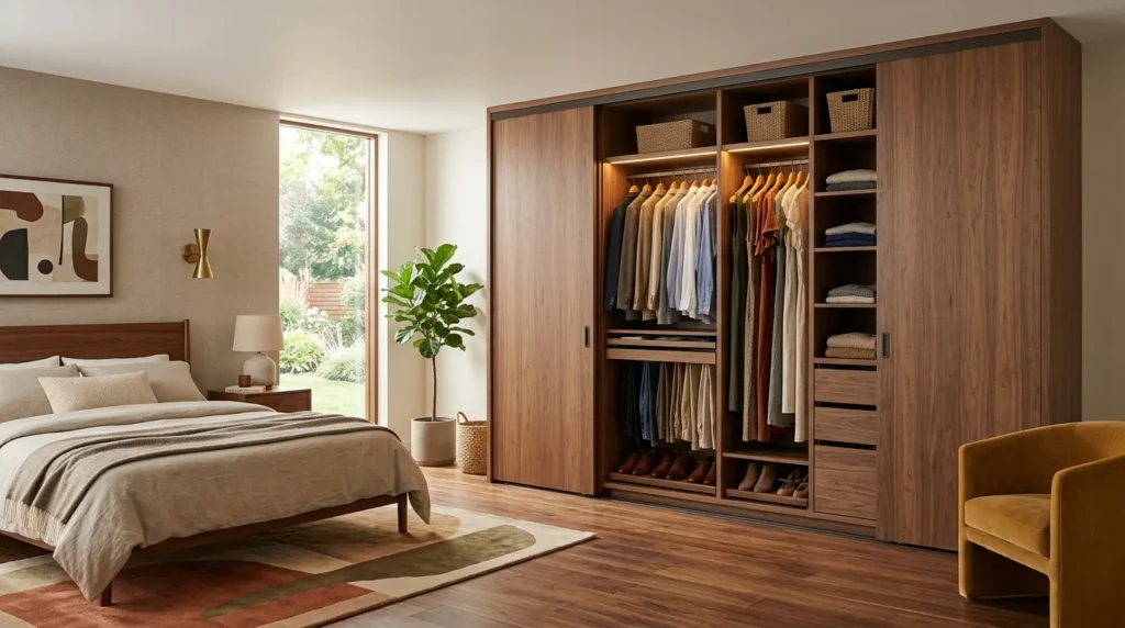Modern luxury wardrobe with sleek wooden finish and sliding doors in a bedroom