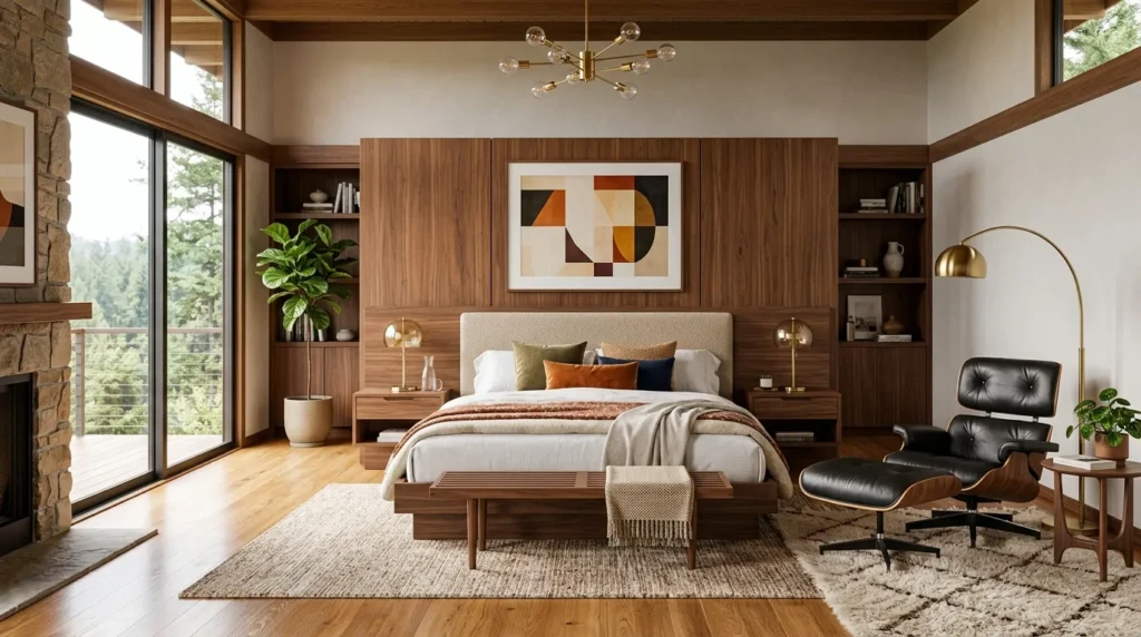 Spacious master bedroom with mid century modern furniture and luxurious styling