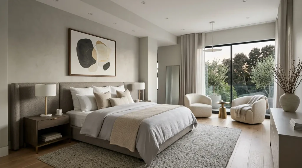 A spacious modern master bedroom with a large bed, symmetrical decor, neutral tones, and a clean minimalist layout