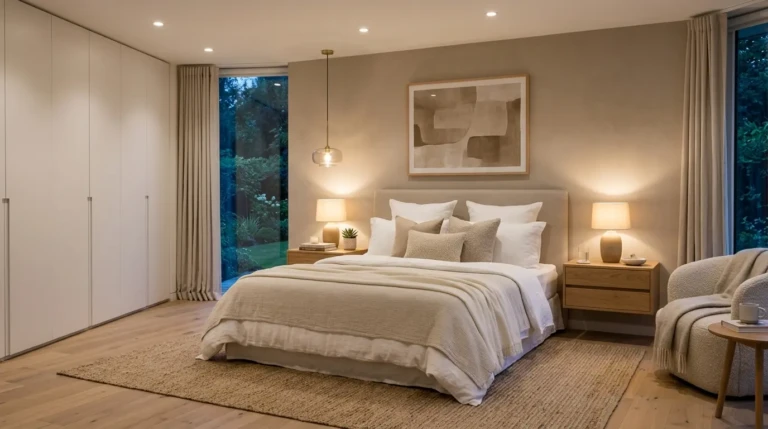 calm modern parents bedroom retreat with neutral bedding, layered lighting, and clean organized layout