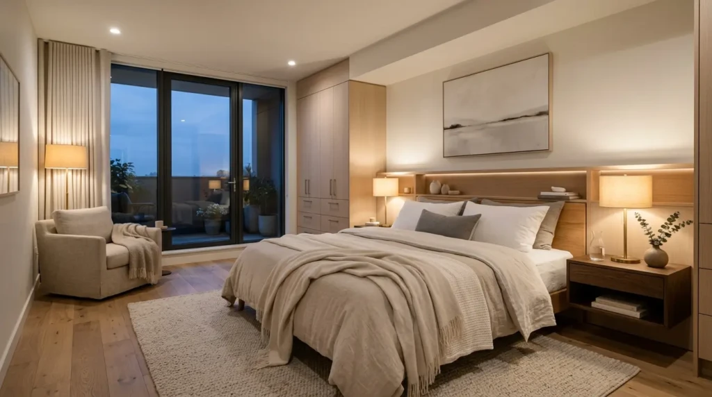 calm modern parents bedroom retreat with neutral bedding, layered lighting, and clean organized layout