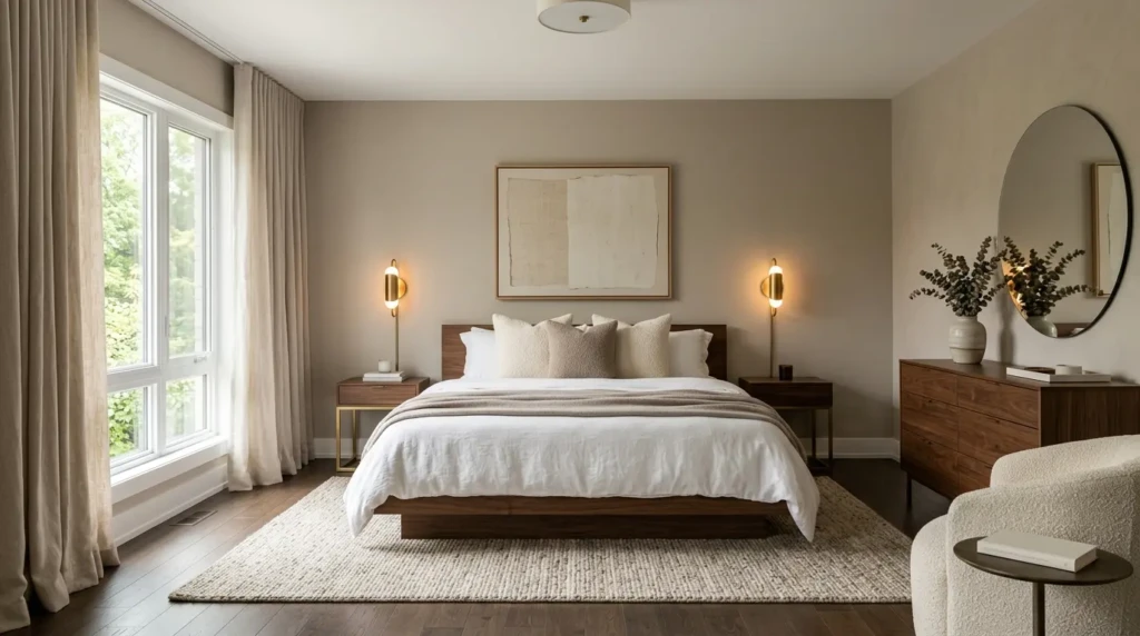 modern parents bedroom featuring a platform bed, neutral walls, warm lighting, and minimalist furniture