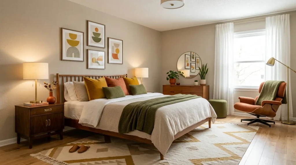 Abstract wall art and geometric prints in a clean mid century modern bedroom