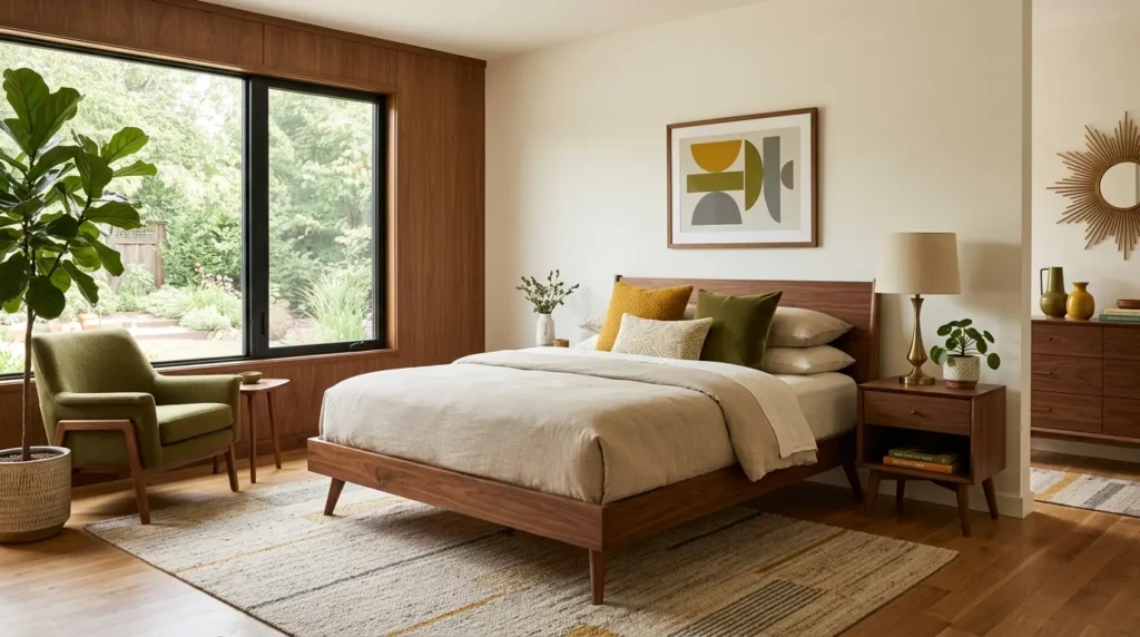 Compact bedroom with space-saving furniture and minimal decor in mid century style