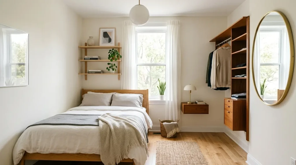 Bedroom with neutral walls and mustard, olive, and burnt orange accents in mid century modern