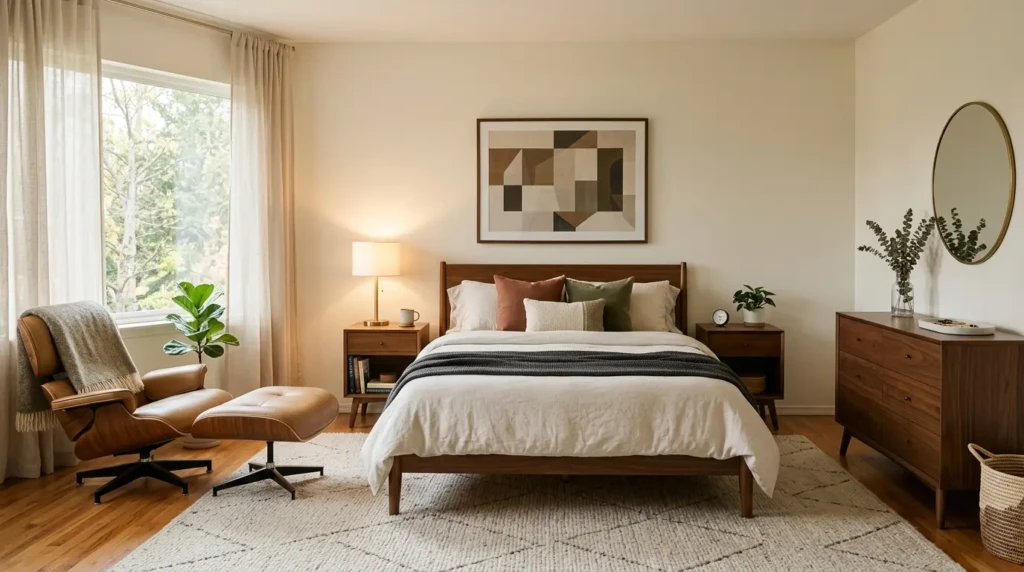 Stylish mid century modern bedroom with wooden furniture, neutral tones, and cozy lighting