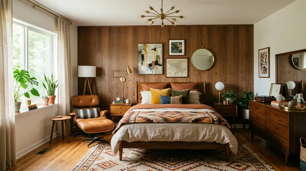 Minimalist mid century modern bedroom with clean lines, low furniture, and natural light