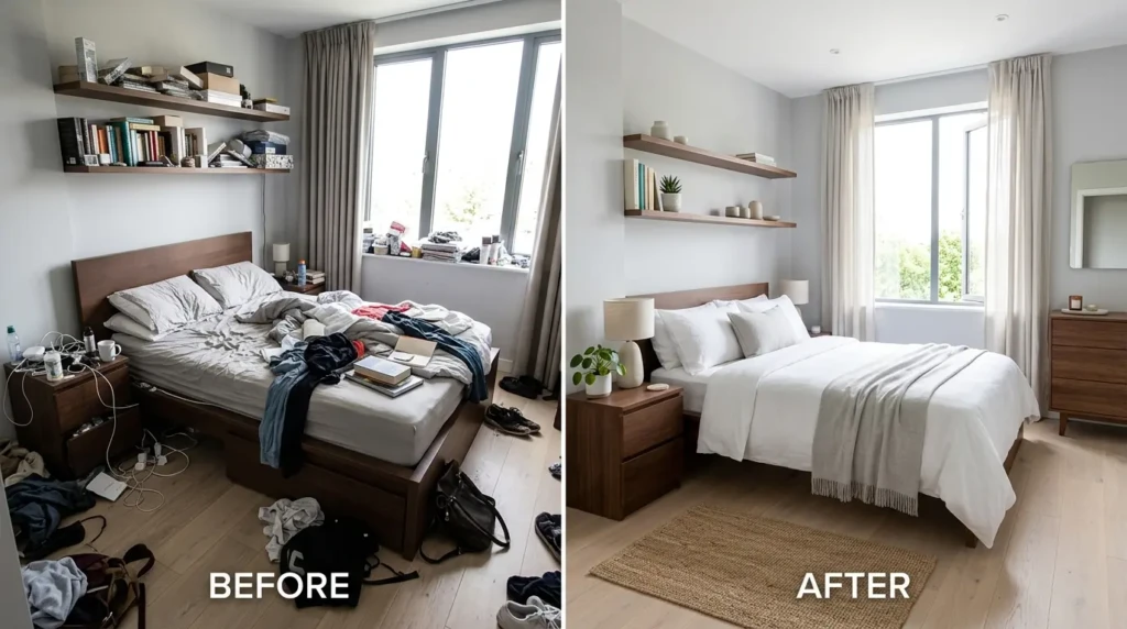A tidy minimalist bedroom with organized storage and clean surfaces highlighting the benefits of decluttering