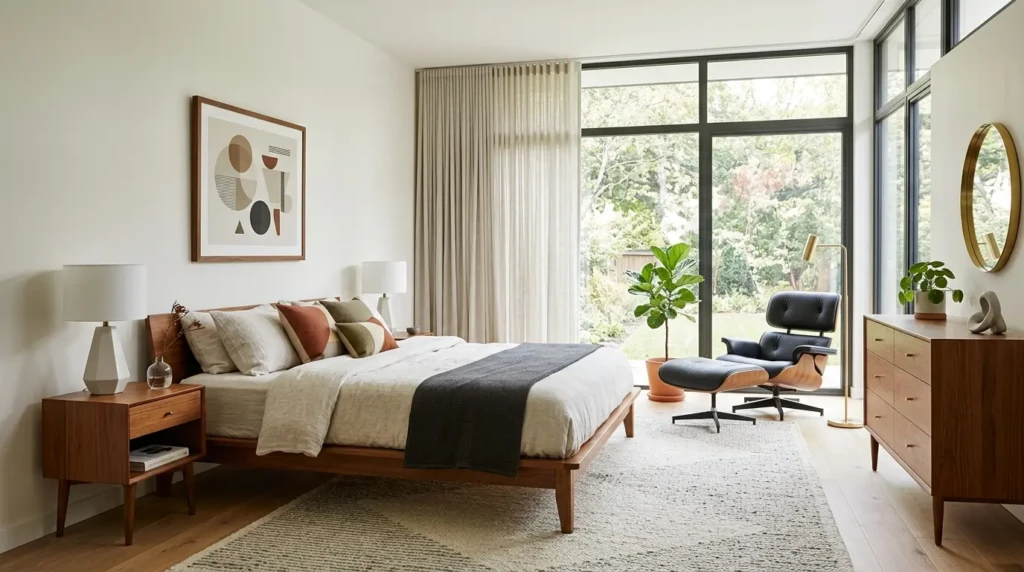 Minimalist bedroom design with wooden furniture, geometric shapes, and a clutter-free layout