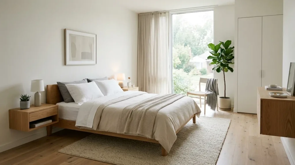 A minimalist bedroom with neutral colors, uncluttered surfaces, and simple furniture showcasing clean and modern design principles