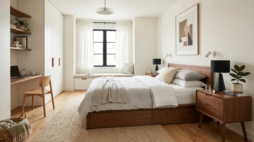 Minimalist bedroom with multifunctional furniture including storage bed and compact nightstands