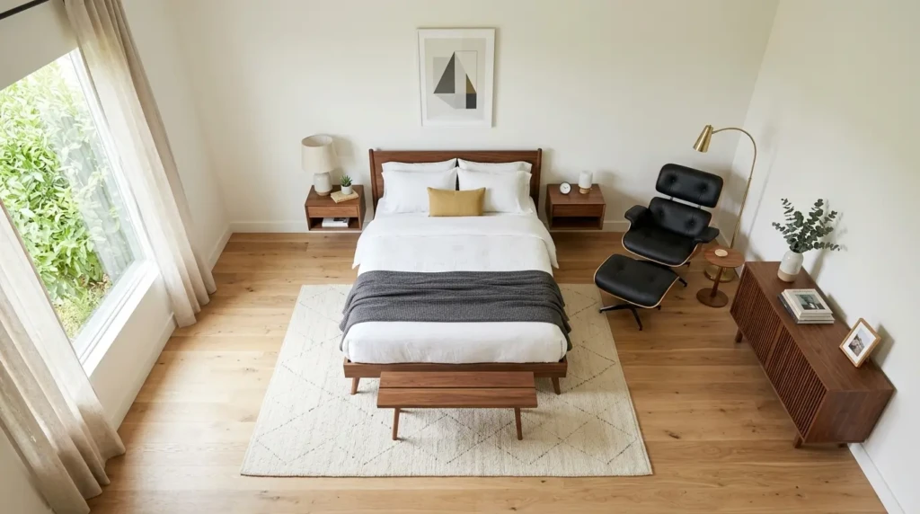 Minimalist bedroom with open layout, uncluttered space, and functional furniture arrangement