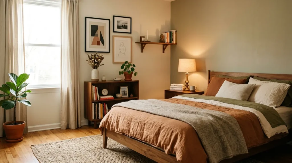 Minimalist bedroom with personal touches like artwork and books while maintaining a clean aesthetic