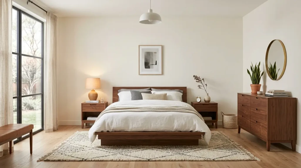 Minimalist bedroom featuring a low platform bed, wooden nightstands, and simple functional furniture