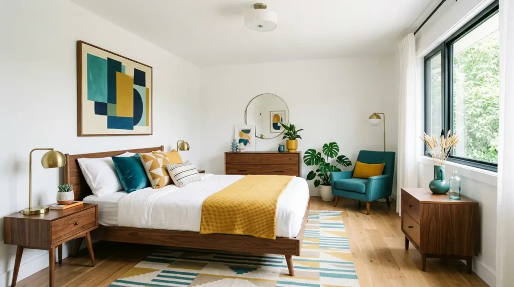 Colorful minimalist bedroom with neutral base tones and bold accents like mustard yellow and teal decor