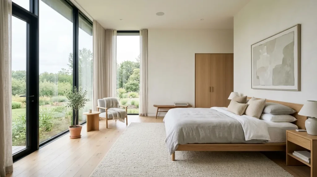 A spacious minimalist bedroom featuring clean lines, natural light, and simple modern decor for a relaxing environment
