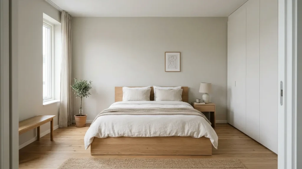 A clutter-free minimalist bedroom with essential furniture, low bed frame, and hidden storage in soft neutral tones