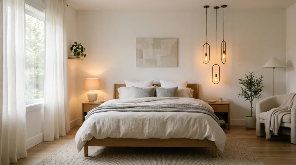 A modern bedroom with warm layered lighting, pendant lights, and natural daylight creating a cozy ambiance