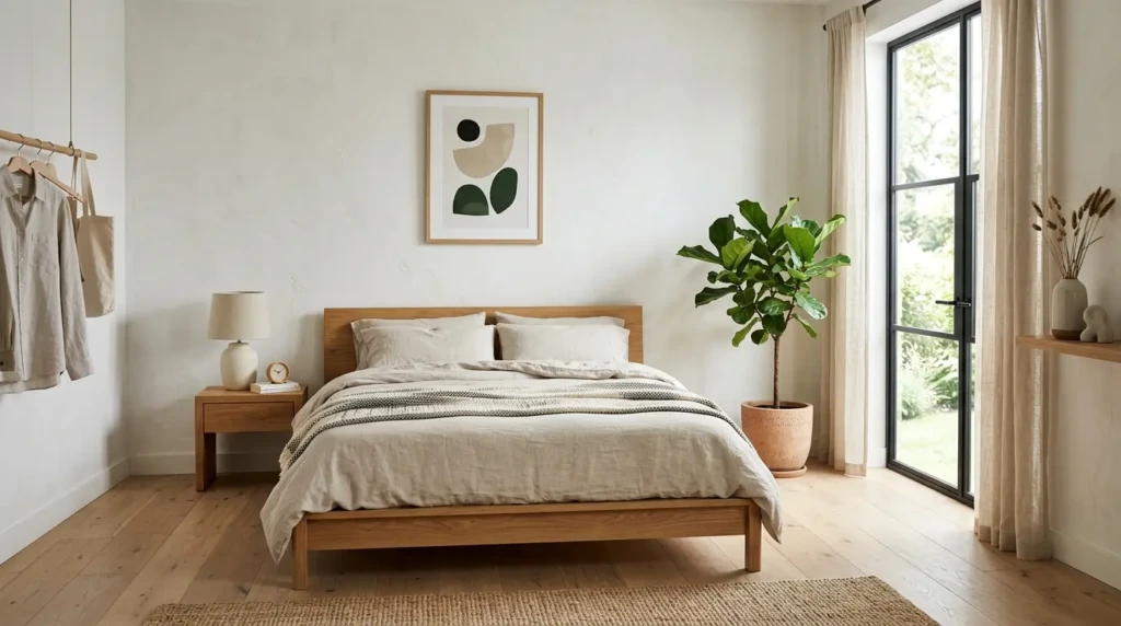 A minimalist bedroom with simple decor elements like plants and artwork, maintaining a clean and balanced look