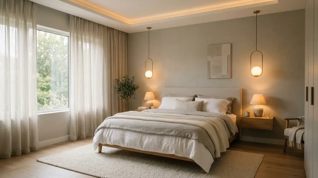 A comparison of a cold overly empty bedroom and a balanced minimalist bedroom with warmth and proper decor