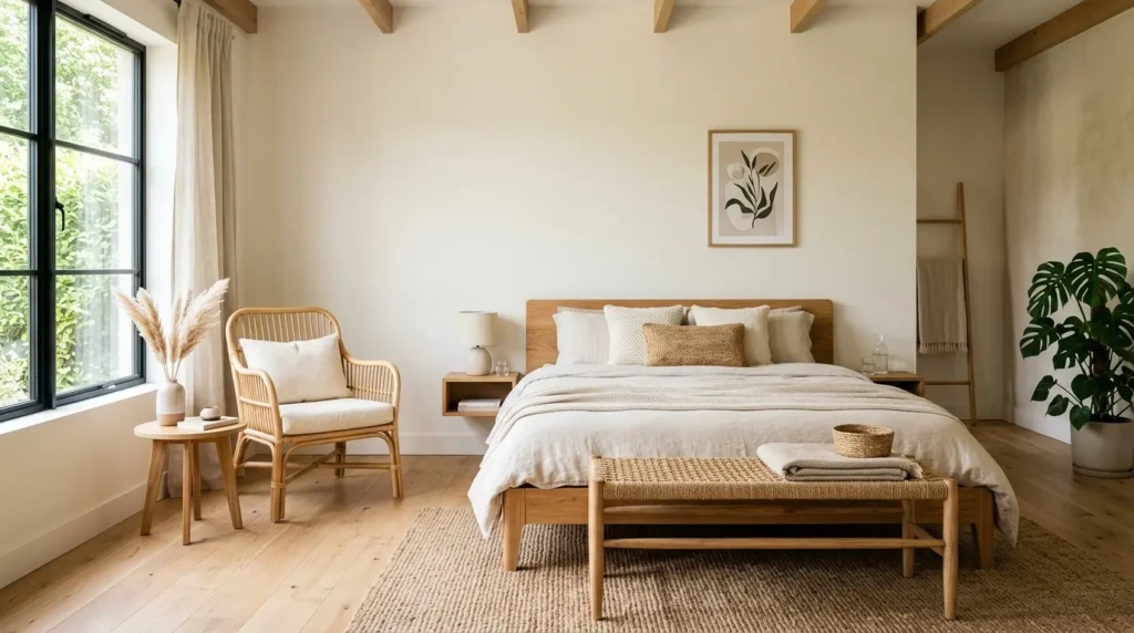 A modern boho bedroom featuring wooden furniture, rattan chair, and minimal low-profile design