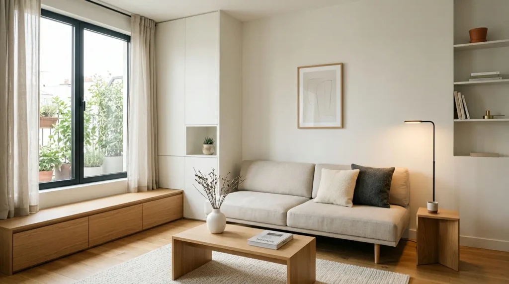 Small living room decor with clean minimalist design and clutter-free arrangement