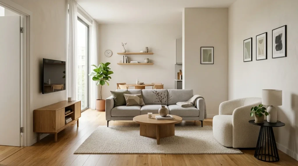 minimalist small living room with clean lines neutral colors and modern furniture layout