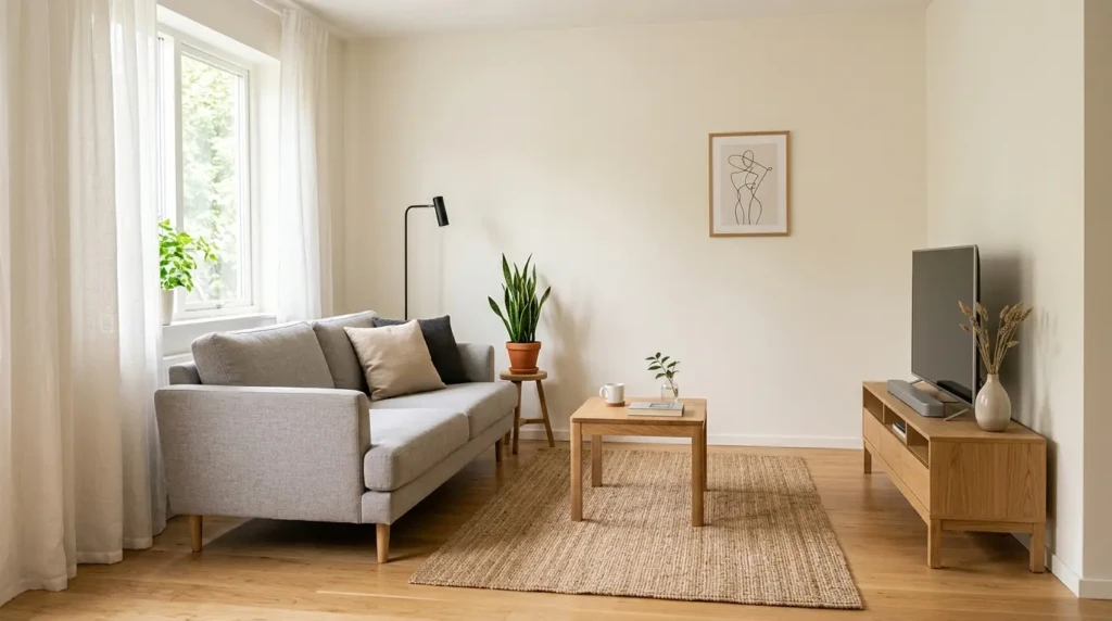 Small living room decor with clutter-free design and minimal furniture for clean look