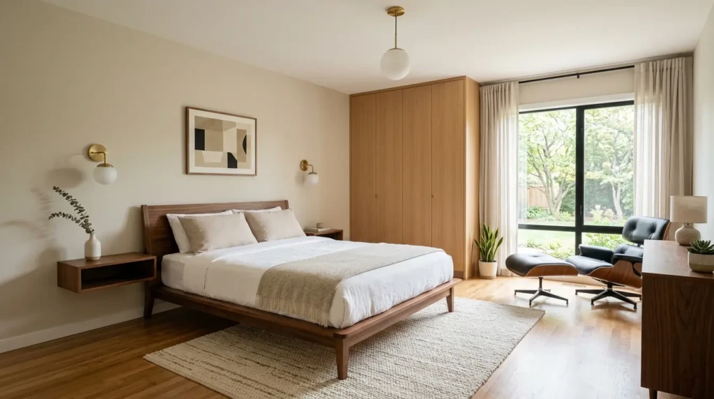 Mid century modern bedroom combining antique furniture with contemporary decor