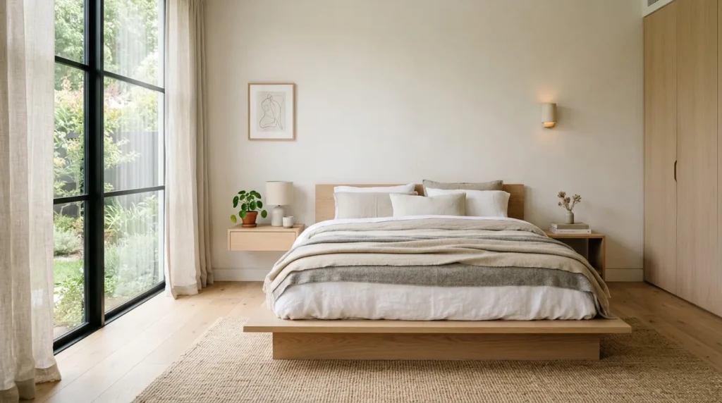 A calm minimalist modern bedroom with neutral tones, a low platform bed, and soft natural lighting creating a peaceful atmosphere
