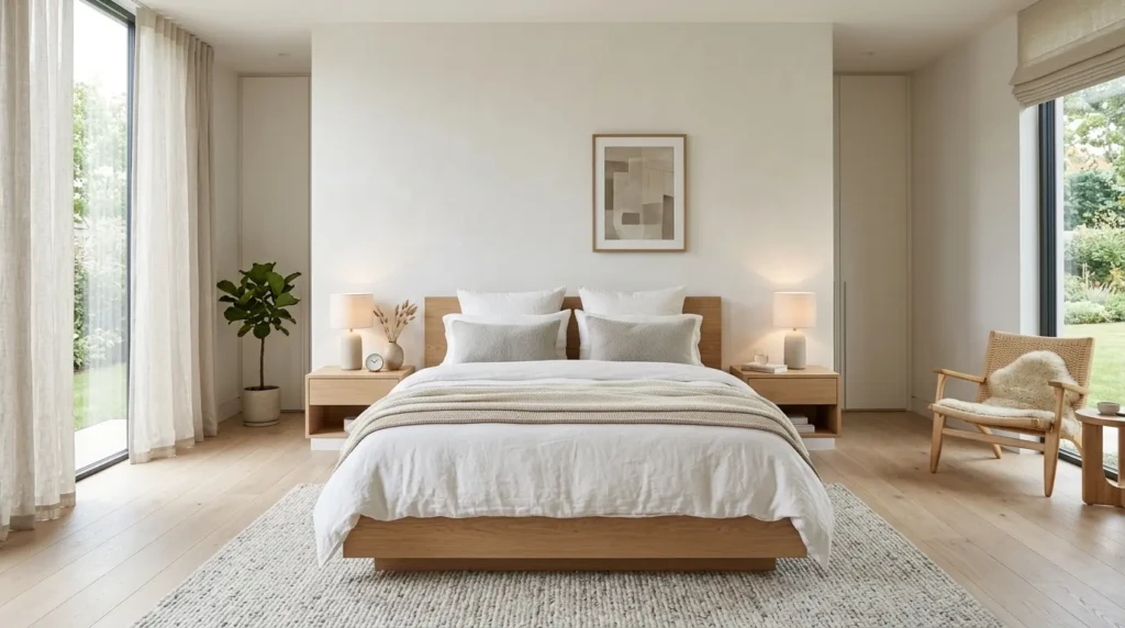 A beautifully designed minimalist modern bedroom with neutral tones, soft textures, and a peaceful inviting atmosphere