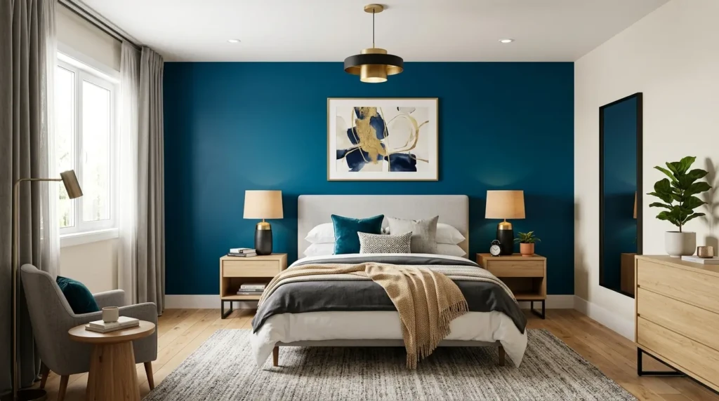 Person testing paint samples on bedroom wall under different lighting conditions