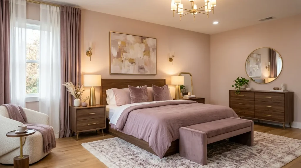 Elegant modern bedroom with blush walls, mauve accents, walnut furniture, and gold lighting.