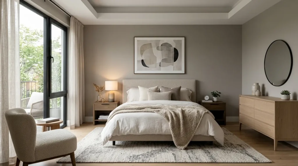 Modern bedroom with neutral tones, minimal decor and stylish furniture showcasing bedroom colour ideas