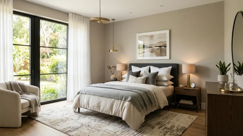 Stylish modern bedroom with neutral colours, soft bedding, warm lighting, and sleek contemporary furniture.