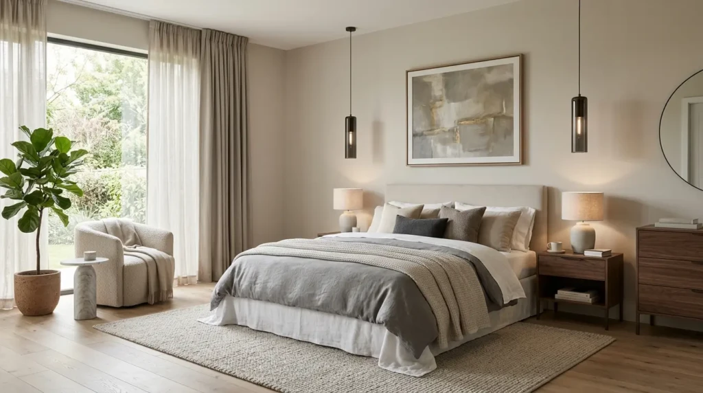 Modern bedroom with neutral colours, sleek furniture, layered bedding, and soft natural light.