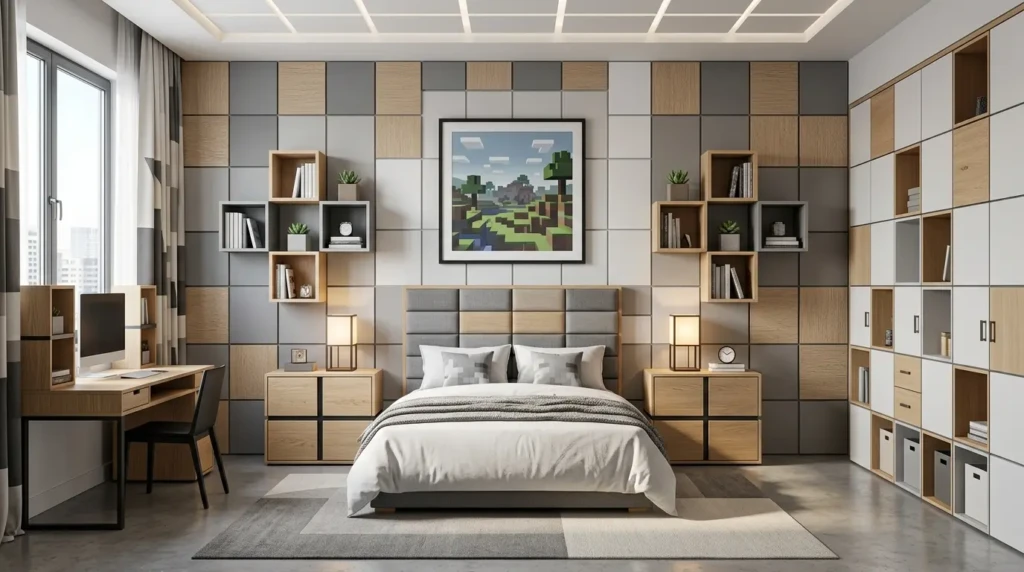 modern bedroom inspired by Minecraft with geometric furniture, modular shelves, and square wall panels