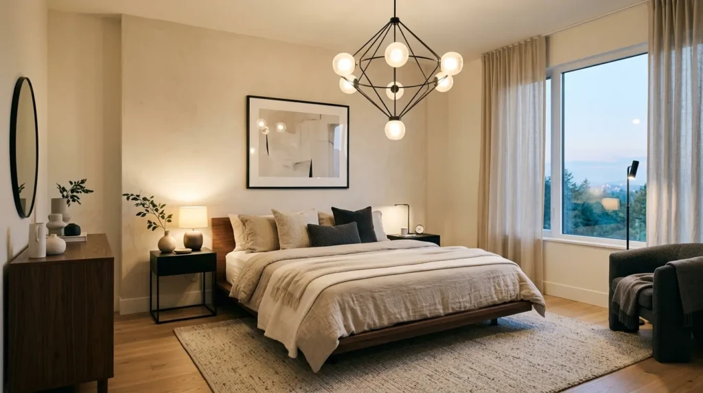 A modern bedroom with textured fabrics, statement lighting, and sleek furniture creating a contemporary minimalist aesthetic