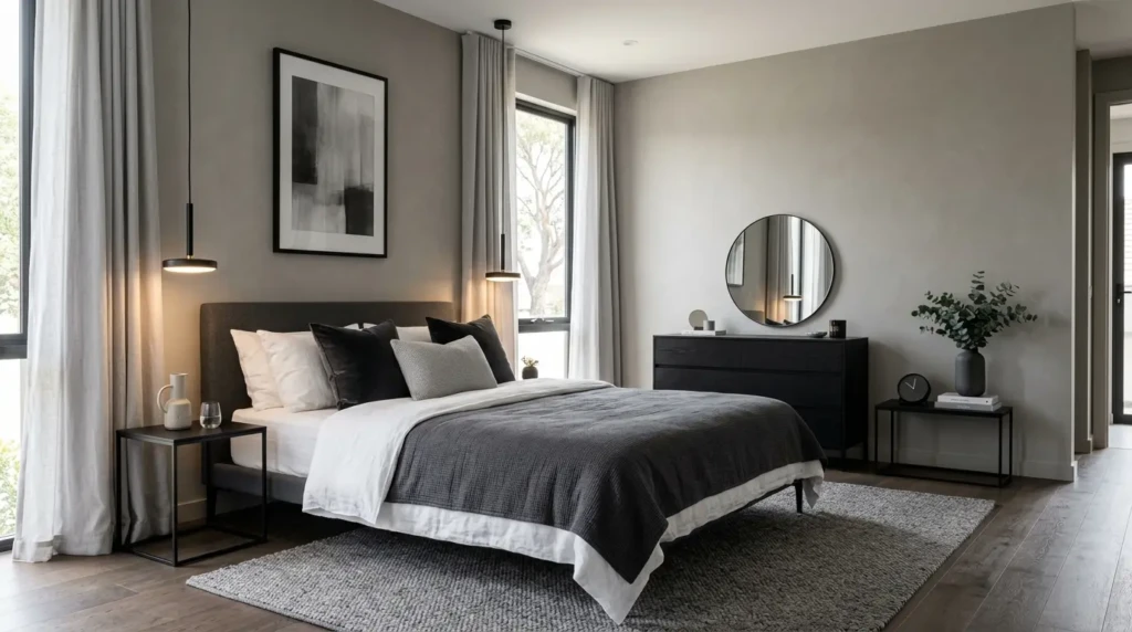 Minimal modern bedroom featuring warm grey walls, charcoal cushions, black furniture, and pendant lights.