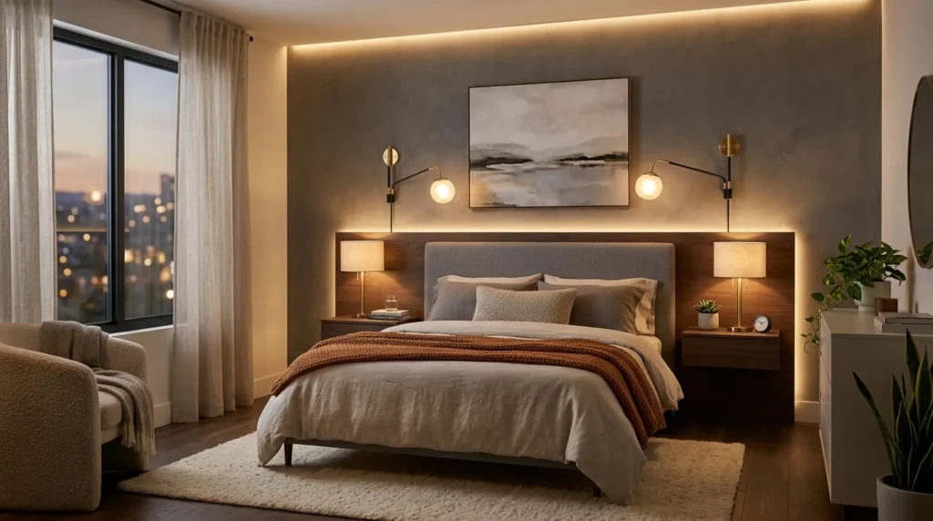 guest bedroom with bedside lamps and warm ambient lighting creating cozy atmosphere