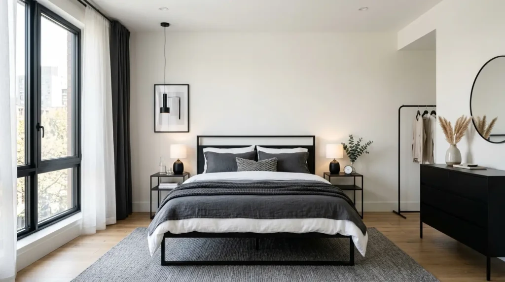 Stylish bedroom with black bedframe and light walls highlighting modern black bedframe bedroom ideas
