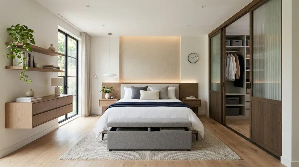 modern parents bedroom with hidden storage bench, floating drawers, and sliding wardrobe doors