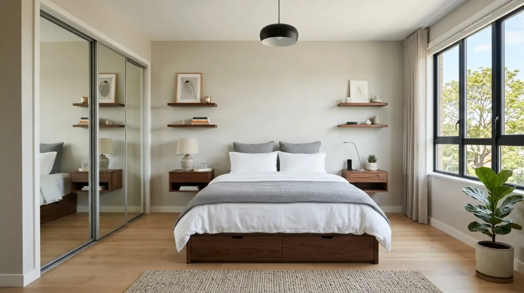 Minimal bedroom with floating shelves, mirrored wardrobe, under-bed storage, and wall-mounted nightstands.