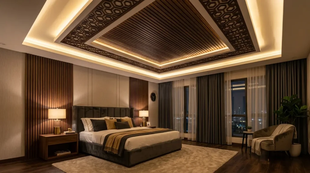 Elegant bedroom ceiling with recessed cove lighting, wooden slats, and geometric false ceiling details.