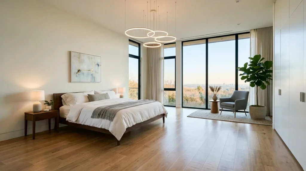 Bright modern bedroom with open floor space, minimal furniture, and clean uncluttered walkways.